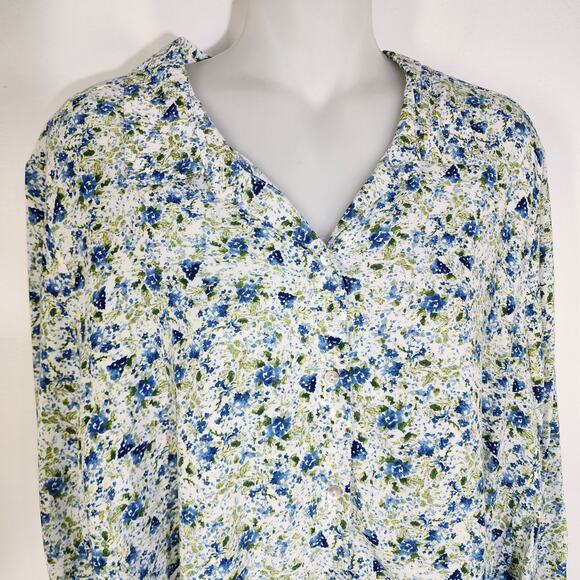 J Jill Women Blouse Rayon Button Up Collar Long Sleeve White Blue Floral Size L - Picture 3 of 10